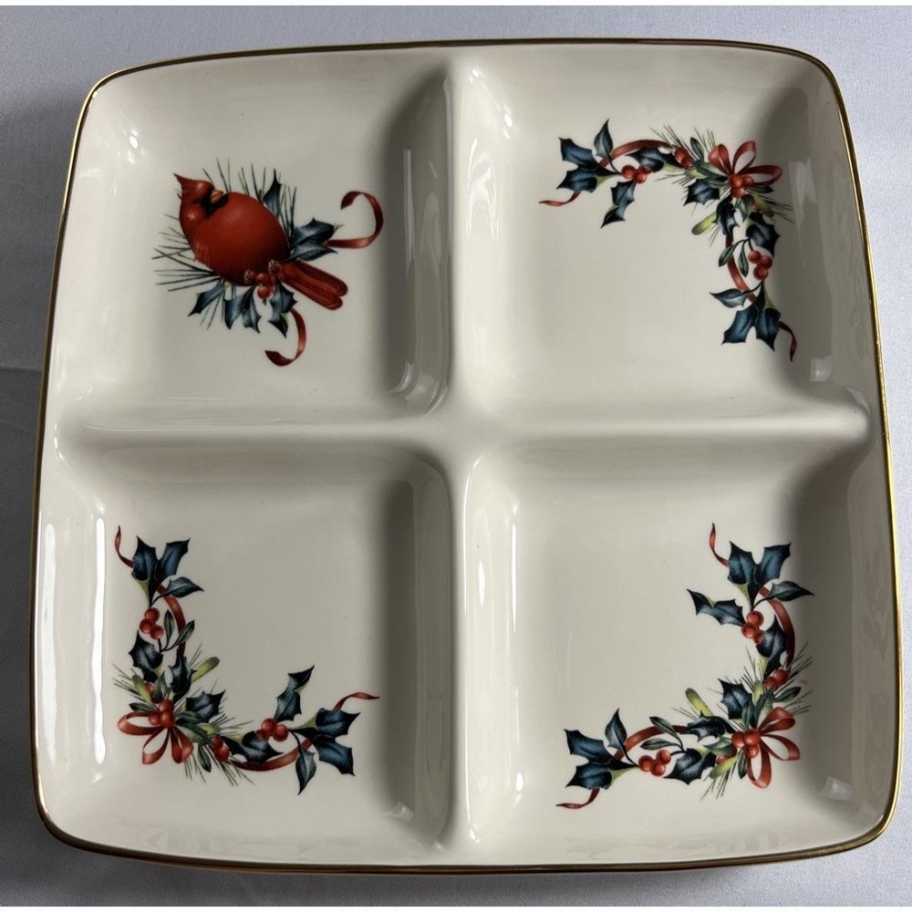 Lenox Winter Greetings 4-Part Divided Relish Serving Dish Cardinal Gold Trim